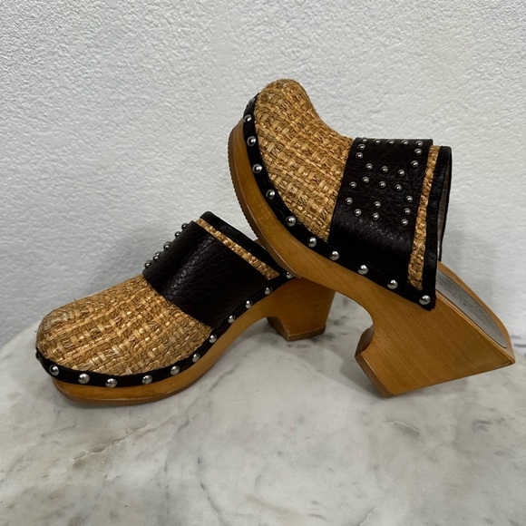 Dolce & Gabbana Shoes - Dolce & Gabbana, VINTAGE , Rafia w/ Leather, Logo & Wood Platform Clogs, Sz  36
